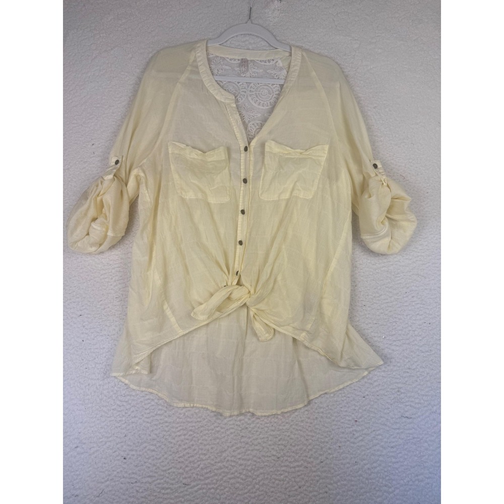 Free People Blouse Womens Small Yellow Sheer Crochet‎ Lace Boho Indie Cottage